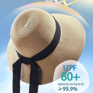 Furtalk Wide Brim Straw Sun Hat with Black Ribbon M without chin strap